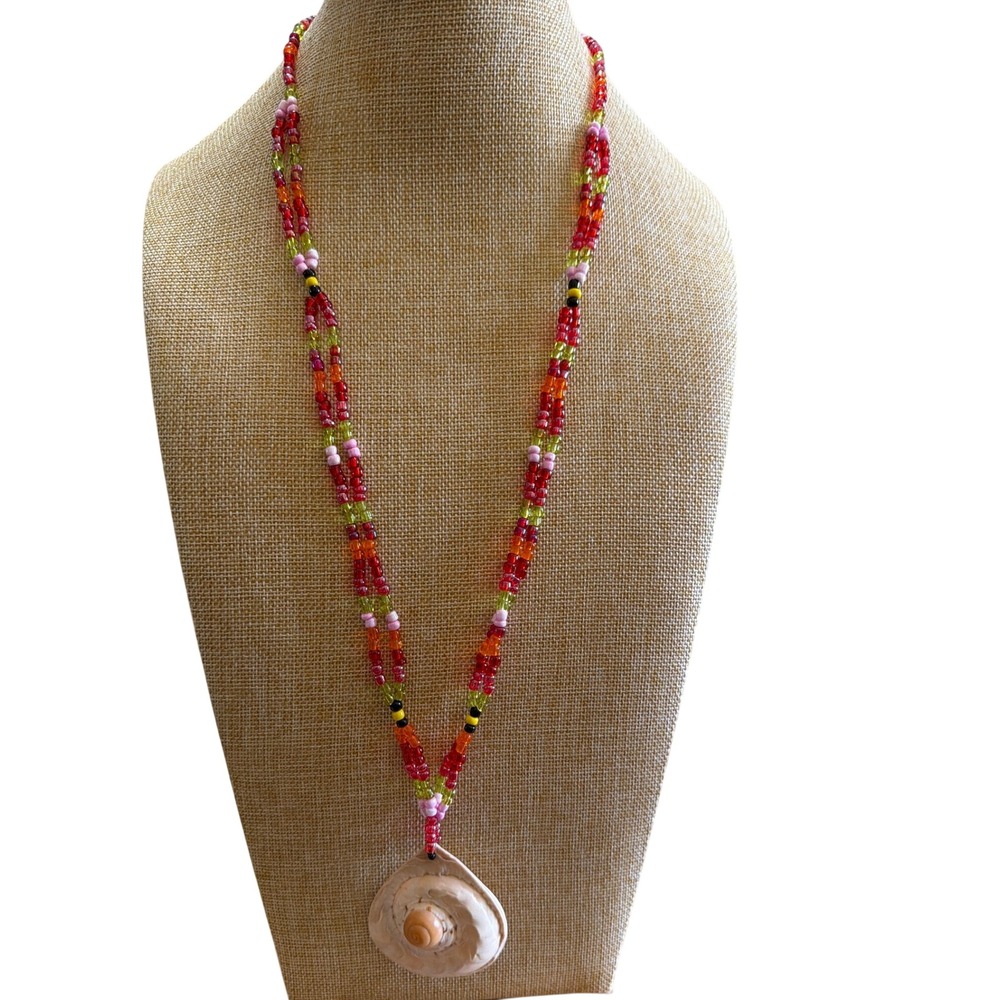 Handmade Boho Multi Strand Red Orange Pink Green Seed Bead Spiral Shell Necklace